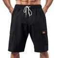 Detailed view of men's black breathable linen cargo shorts with elastic drawstring waistband - S / Black