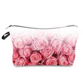 Pink rose floral print makeup bag with black zipper and wrist strap - Pink Rose (hz1460)