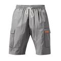 Detailansicht graue Herren-Leinen-Cargoshorts mit elastischem Bund und Taschen - Dunkelgrau