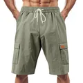 Men's breathable sage green linen cargo shorts with adjustable drawstring waist and pockets - Army Green