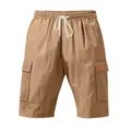 Detailansicht der khakifarbenen Cargo-Shorts mit elastischem Tunnelzug und Taschen - Braun