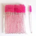 Disposable pink eyelash brushes with clear glitter crystal handles for makeup - 50 Brushes / Crystal Rose Red