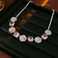 Elegante Vintage Silberkette mit rosa Zirkonia und kristallenen Rosenanhängern - Rosa Zirkonia Rosenblüten Choker-Halskette (9#) / Silber/Rosa