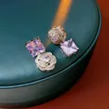 Elegante Vintage-Ohrstecker mit lila quadratischem Zirkon und Kamelienblüte - Lila quadratische Zirkonia-Kamelienohrringe (16#) / Silbernadel / Silber/Lila