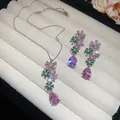 Elegantes Vintage-Schmuckset mit rosa Birnensteinen und grünen Zirkonia-Blüten. - Rosa & grüne Zirkonia Blume birnenförmiges Schmuckset (36#) / Silber/Rosa/Grün