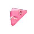 Close-up of pink translucent triangle corner clip showing its durable internal metal spring - Transparent Red