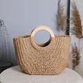 Vintage handmade straw woven handbag with round wooden handles for summer beach vacations - Khaki