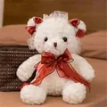 Cute white Lolita style teddy bear plush toy with red silk bows and lace headband - 30cm / Burgundy