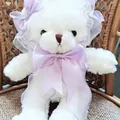 Cute white Lolita teddy bear plush toy with lavender satin bows and lace bonnet detail - Purple