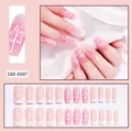 Vista detallada de uñas postizas francesas rosa y blanco con motivos de hibisco - Estilo degradado rosa y blanco de hibiscus (SGX-0007)