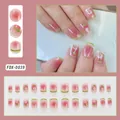 Vista detallada de 24 uñas postizas cortas cuadradas rosas con diseños de tulipanes - Estilo francés de tulipán verde (FDX-0039)