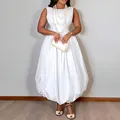 Elegante witte mouwloze midi-jurk met geplooide ballonzoom en getailleerd ontwerp - Wit / 3XL