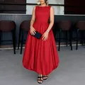 Elegant red sleeveless midi dress with gathered waist and bubble hem for summer - Red / 3XL