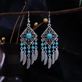Bohemian silver tassel earrings with turquoise beads and feather pendants in ethnic style. - Antique Silver + Turquoise Blue Tassel (E9240/Blue)