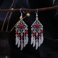 Vintage Bohemian style silver tassel earrings with red turquoise beads and feather drops - Antique Silver + Red Turquoise Feather (E9238/Red)