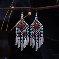 Vintage Bohemian tassel earrings with turquoise beads and silver-finish feather charms - Antique Silver + Red Blue Turquoise Feather (E9239/Color)