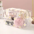 Transparent PVC cosmetic makeup bag featuring cute white daisy prints with secure zipper - White Daisy Print Style (20 Wire) / White