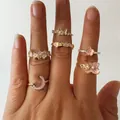 6-piece gold-tone ring set with pink enamel flowers, butterfly, and crescent moon - Pink Moon and Butterfly Set (32326-ring-G)