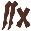 Solid dark brown knitted thigh-high stockings and matching fingerless long arm warmers set - One Size / Solid Coffee