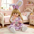Realistic reborn baby doll in purple bunny outfit sitting in pink miniature bedroom - Stellalou Dress Miaomiao / Doll Clothes (Outfit Only)