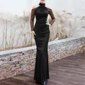 Elegant slim fit black halter floor-length dress with sheer sleeves and ruched waist. - 3XL / French Off-Shoulder Long Sleeve Design / Black