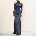 Elegant navy blue floor-length evening gown featuring mesh sleeves and ruched detail - 3XL / French Off-Shoulder Long Sleeve Design / Grey Blue