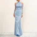 Elegant light blue cold-shoulder halter neck floor-length mermaid evening dress for women - 3XL / French Off-Shoulder Long Sleeve Design / Light Blue
