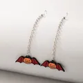 Spooky Halloween pumpkin head bat wings long chain dangle earrings for festive wear - Long Chain Pumpkin & Bat