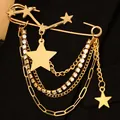 Punk style gold safety pin brooch with layered chains and star charms. - Pentagram Rhinestone Tassel Style (KC Gold 3437)