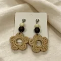 Handmade woven raffia flower earrings with wooden beads for summer beach resort style. - Khaki Raffia Woven Style (11850)