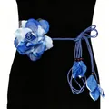 Bohemian blue woven waist belt accessory featuring a large decorative fabric rose flower - Blue 2620
