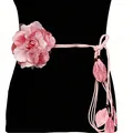 Elegant bohemian pink braided waist rope belt with fabric rose flower and leaf charms - Pink 2443