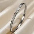 Detailed view of elegant silver stainless steel bangle with sparkling cubic zirconia stones - Steel Color (A-9)