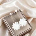 Elegant white crystal flower drop earrings with pearl studs and gold finish - Layered Translucent White Flower (10492)