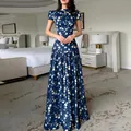 Elegant French style floral print maxi dress with slim fit waist and short sleeves - Navy Blue / 3XL