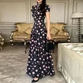 Elegant French style floral maxi dress with pink rose patterns shown in full-length - Black / 3XL