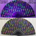 UV reactive folding fan with cat and heart pattern 33cm bamboo frame for neon parties - Cat Head & Heart UV Glow A83