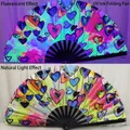 13 inch UV reactive rainbow folding fan with heart patterns and natural bamboo ribs - Gradient Heart UV Glow A75