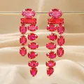 Elegant large pink and red crystal rhinestone dangle earrings in gold alloy finish - Long Rose Red