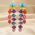 Colorful rhinestone dangle earrings with gold alloy base for women fashion jewelry. - Long Multicolor