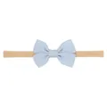Light blue grosgrain ribbon bow on a soft tan high elastic nylon headband for infants - Light Blue