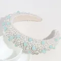 Elegant padded headband with white pearls and light blue beads for women - Blue and White Contrast