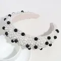 Elegant thick sponge padded headband featuring white and black imitation pearls for women - Black and White