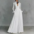 Elegante witte maxi-jurk met V-hals, lange mouwen en vloeiende geplooide taille - S / V-hals Lange Mouwen Vloerlengte Stijl / Wit