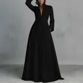 Elegante zwarte maxi-jurk met V-hals, opstaande kraag en lange mouwen voor feesten - 3XL / V-hals Lange Mouwen Vloerlengte Stijl / Zwart