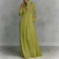 Elegante limoengroene maxi-jurk met lange mouwen, V-hals en een vloeiende plooirok - 3XL / V-hals Lange Mouwen Vloerlengte Stijl / Groen
