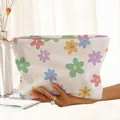 Detailed view of floral corduroy makeup bag held by hand in a bright lifestyle setting. - Multicolor Large Floral (YK189602)