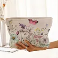 Macro view of corduroy texture on a makeup bag with artistic floral and butterfly print - Beige Floral Butterfly (BF49246)