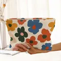 Macro detail of corduroy cosmetic bag with colorful hand-painted floral print. - Beige Multicolor Floral (XE210923)