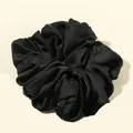 Oversized black pleated satin hair scrunchie hair tie with a soft, glossy texture finish - Black